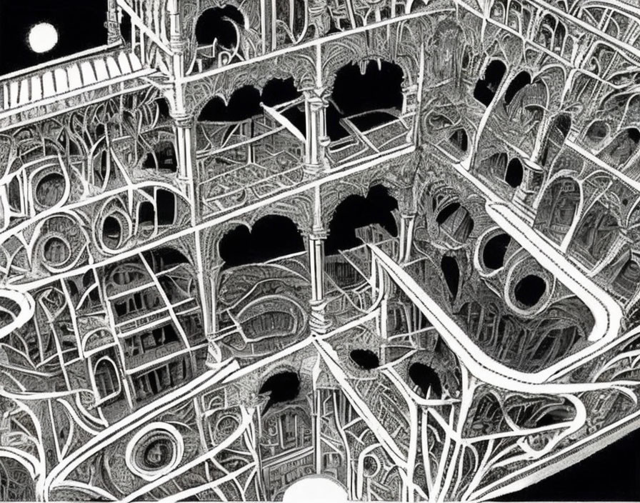 Detailed Black-and-White Line Art of Elaborate Architectural Structure