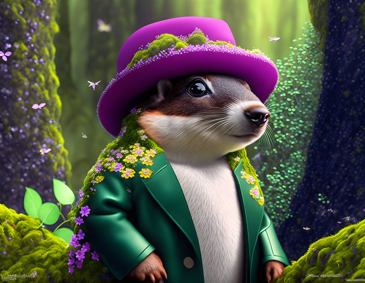 Stylish Chipmunk in Green Jacket and Pink Hat in Enchanting Forest