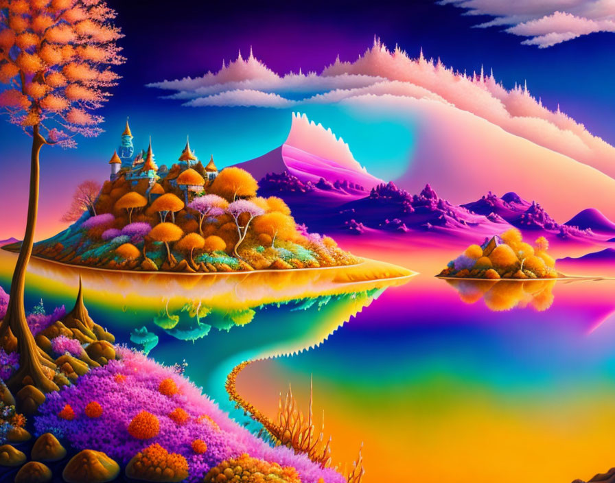 Colorful surreal landscape with floating island, castles, flora, water, and purple mountains under past