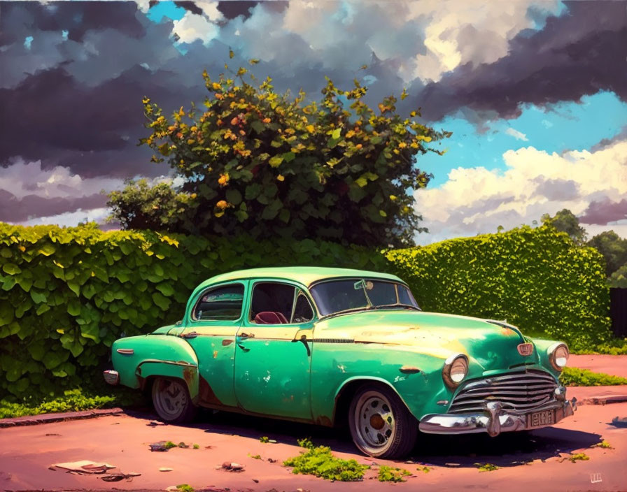 Vintage Turquoise Car Parked Under Stormy Sky and Green Hedge