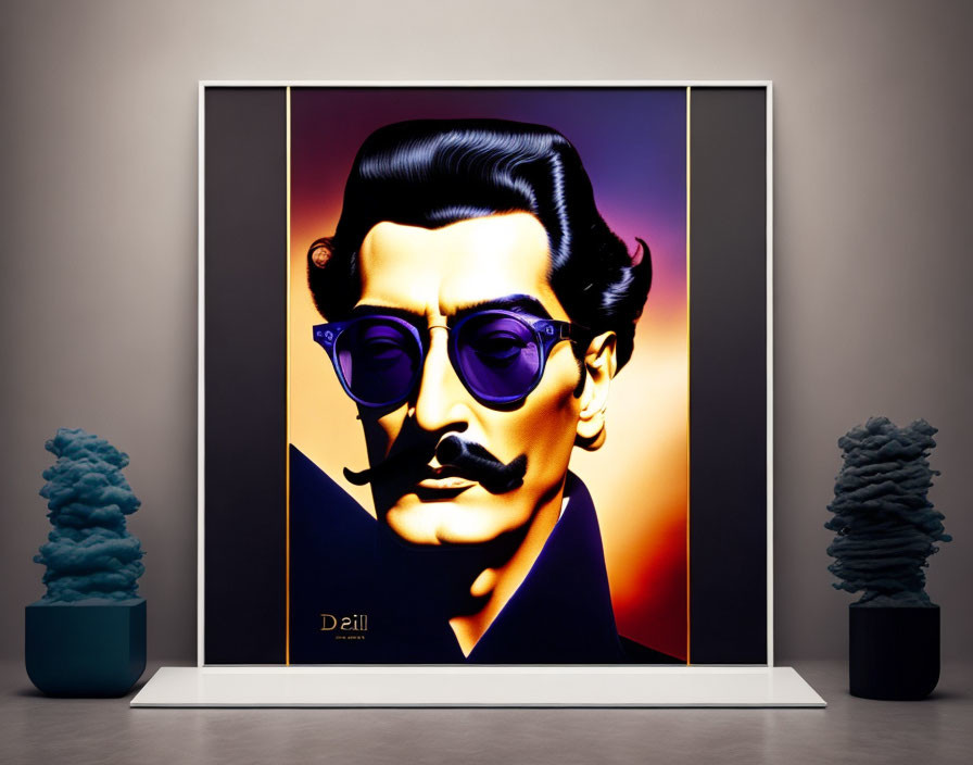 Colorful Poster Featuring Man with Mustache and Sunglasses between Blue Spiral Sculptures