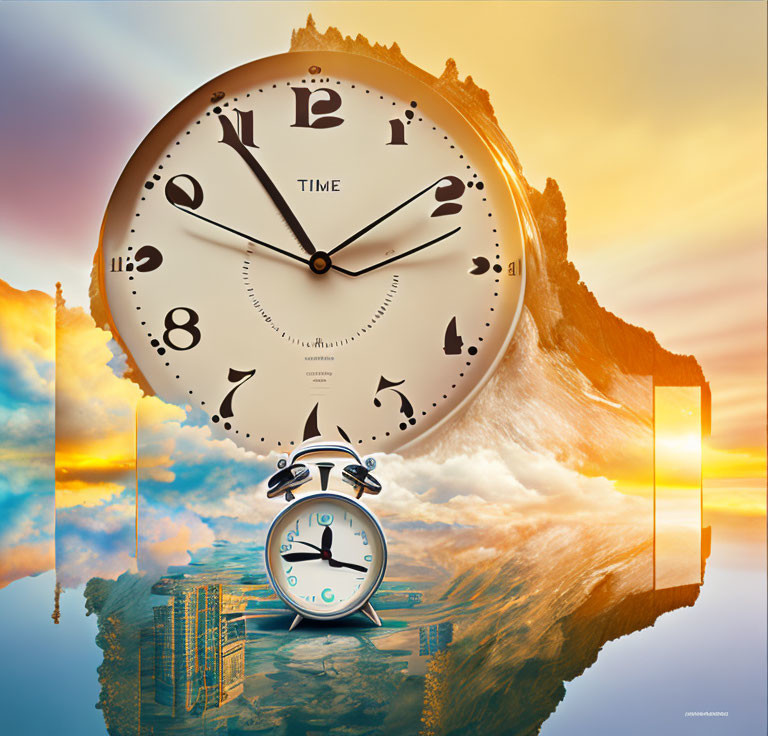 Surreal image of large clock in sky with melting smaller clock, sunset mountain backdrop