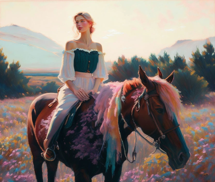 Woman in off-shoulder dress riding horse in scenic field with mountains.