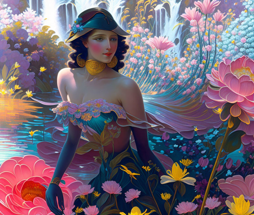 Stylized woman in floral setting with waterfalls, hat, and jewelry