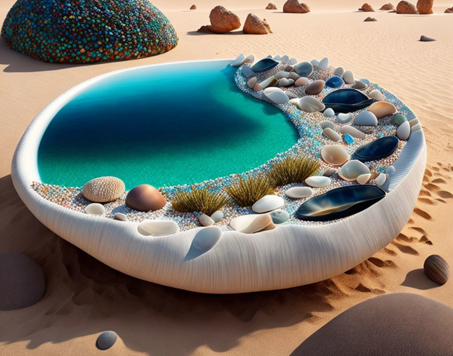 Surreal oversized seashell pool with colorful decorations