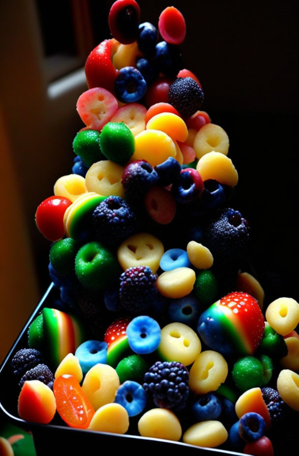 Vibrant Christmas tree made of candies and fruits