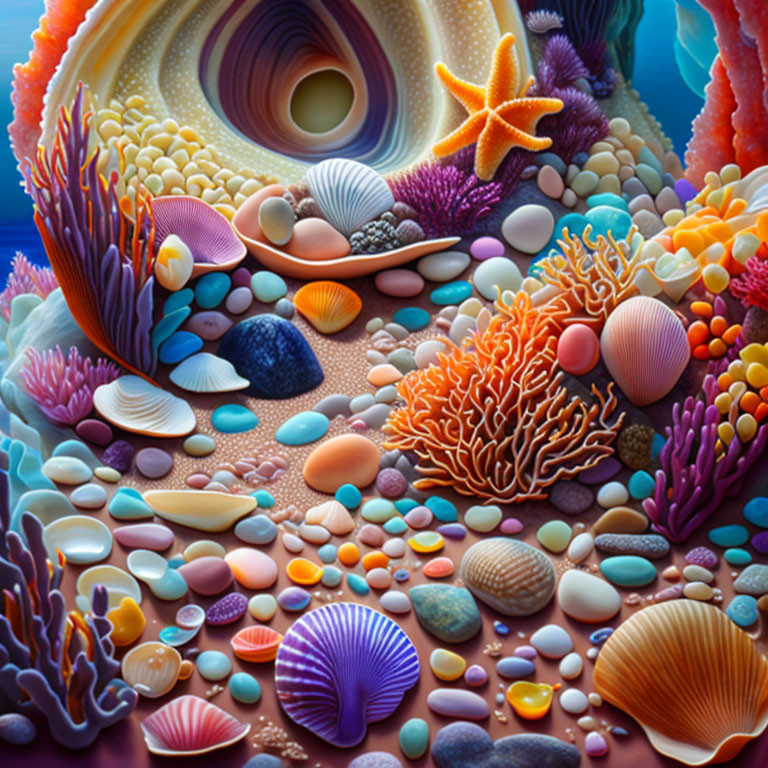 Detailed Underwater Scene Illustration with Coral, Starfish, Shells