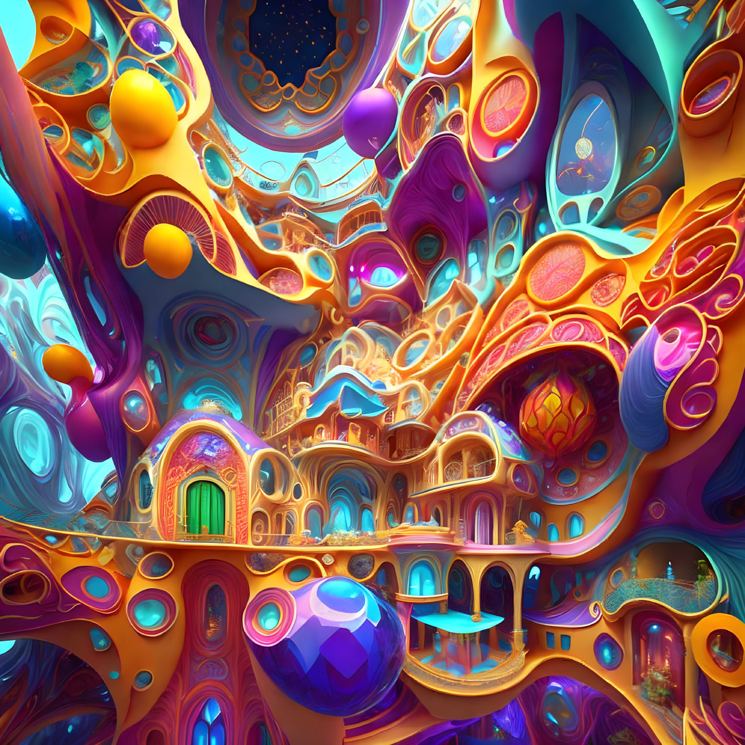 Vibrant surreal landscape with organic structures in various hues