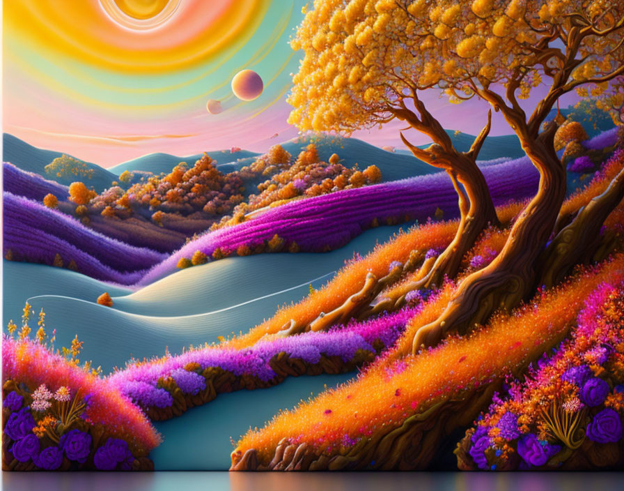 Colorful landscape with whimsical tree, purple hills, orange pathways, swirling suns.