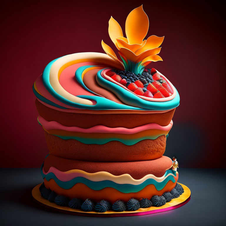 Colorful multi-tiered cake with fruit and flower decoration on dark background