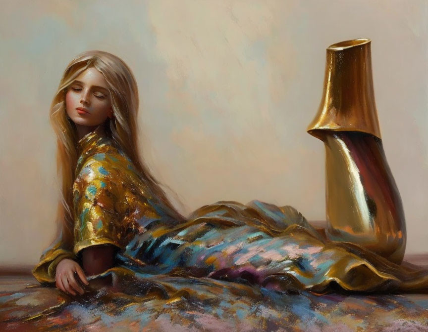 Pensive woman with shiny jug in golden garment on rich blue fabric