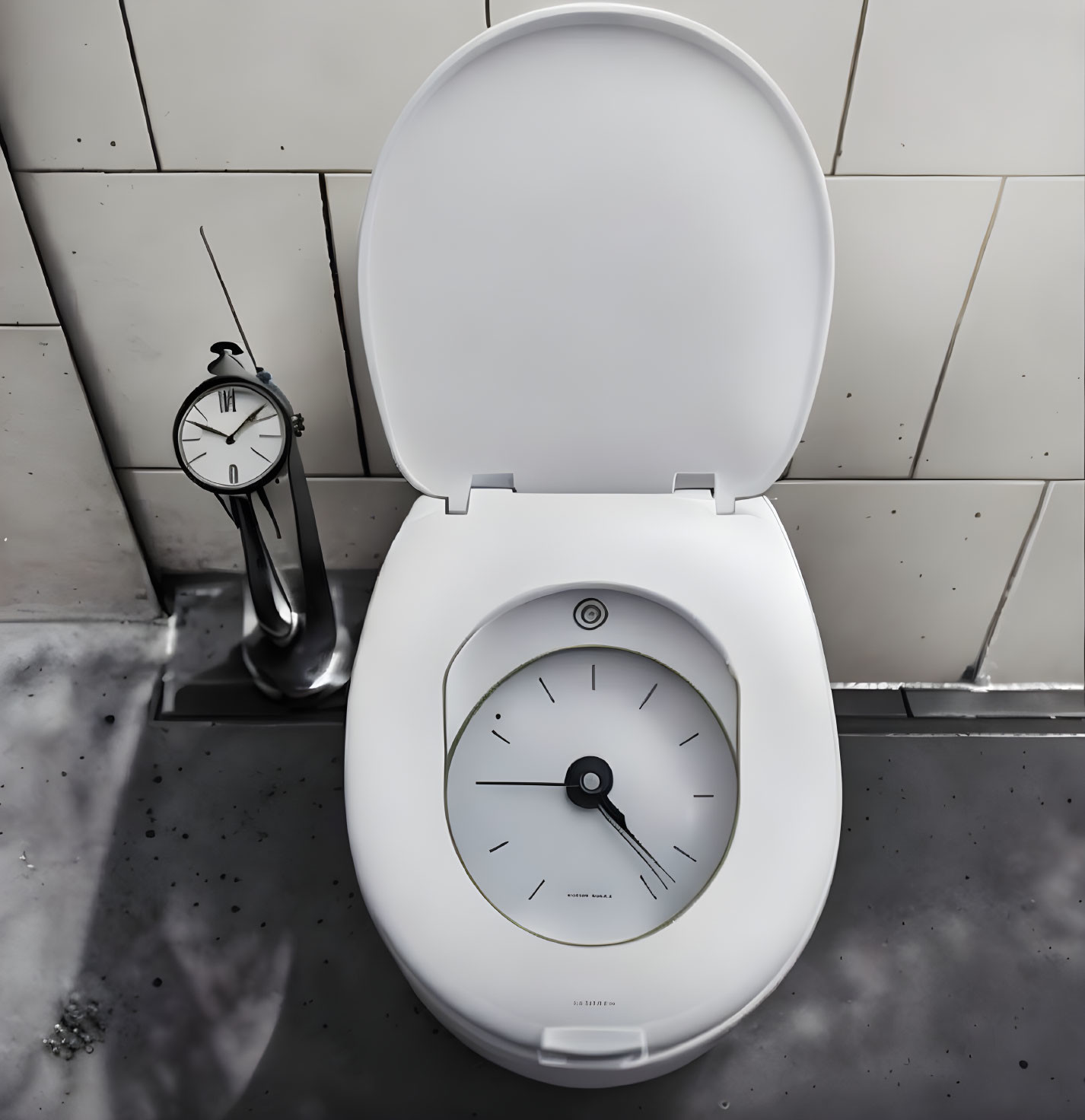 Clock-themed white toilet with open lid and floor clock