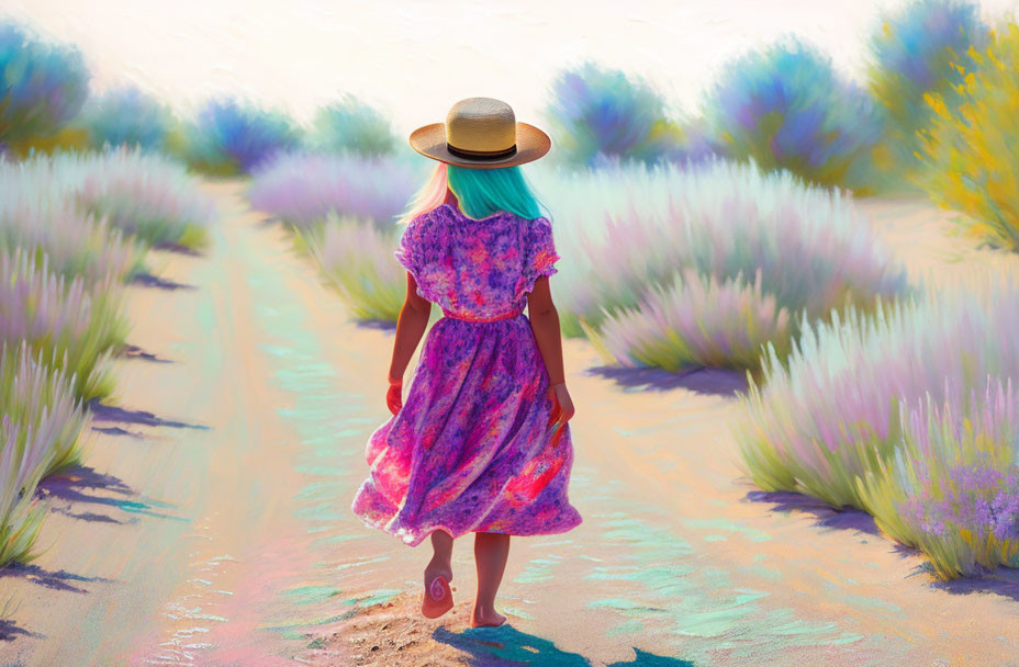 Child with Turquoise Hair in Vibrant Floral Field with Straw Hat