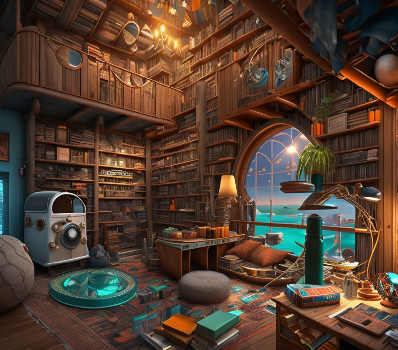 Retro-futuristic library with ocean view, books, comfy seating & vintage robot