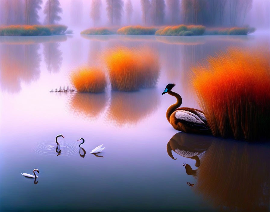 Tranquil twilight lakescape with swans and orange reeds