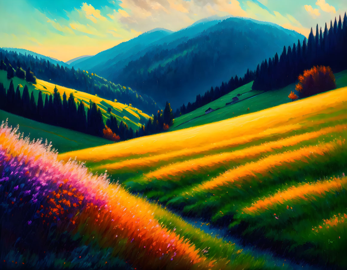 Colorful Meadow and Rolling Hills at Sunset