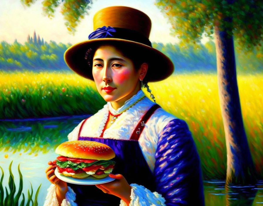 Vintage woman with wide-brimmed hat holding a hamburger in nature setting