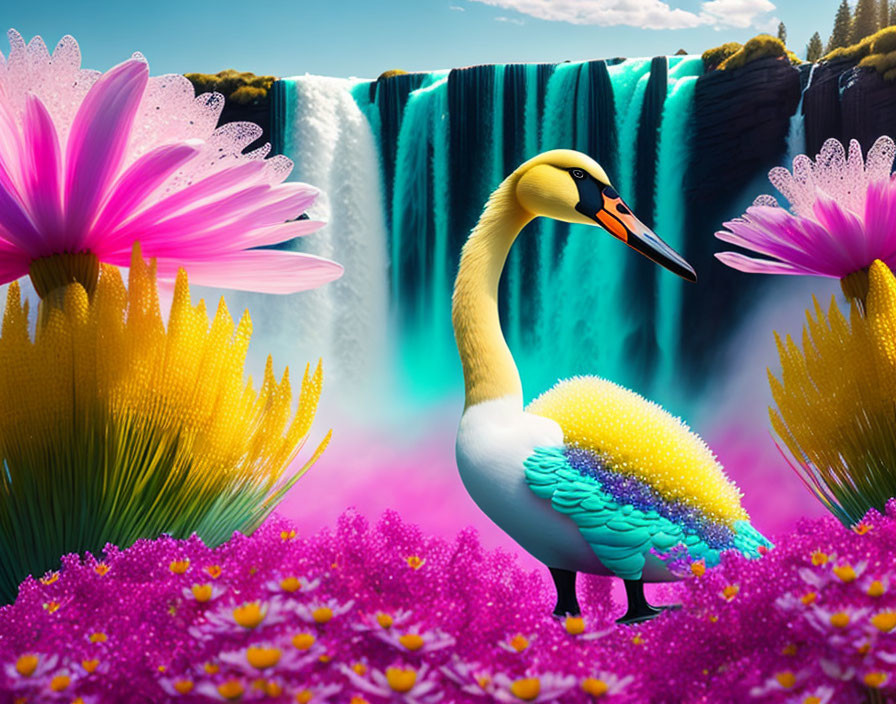 Colorful Swan Surrounded by Flowers, Waterfall, and Sunny Sky