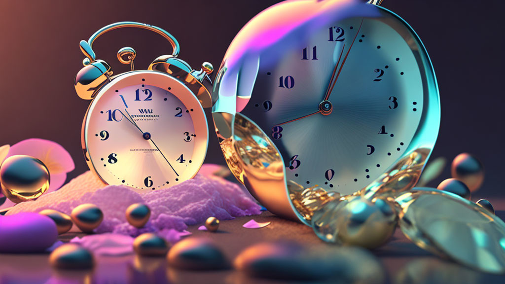 Surreal image: melting clock, classic alarm clock, glass beads on reflective surface