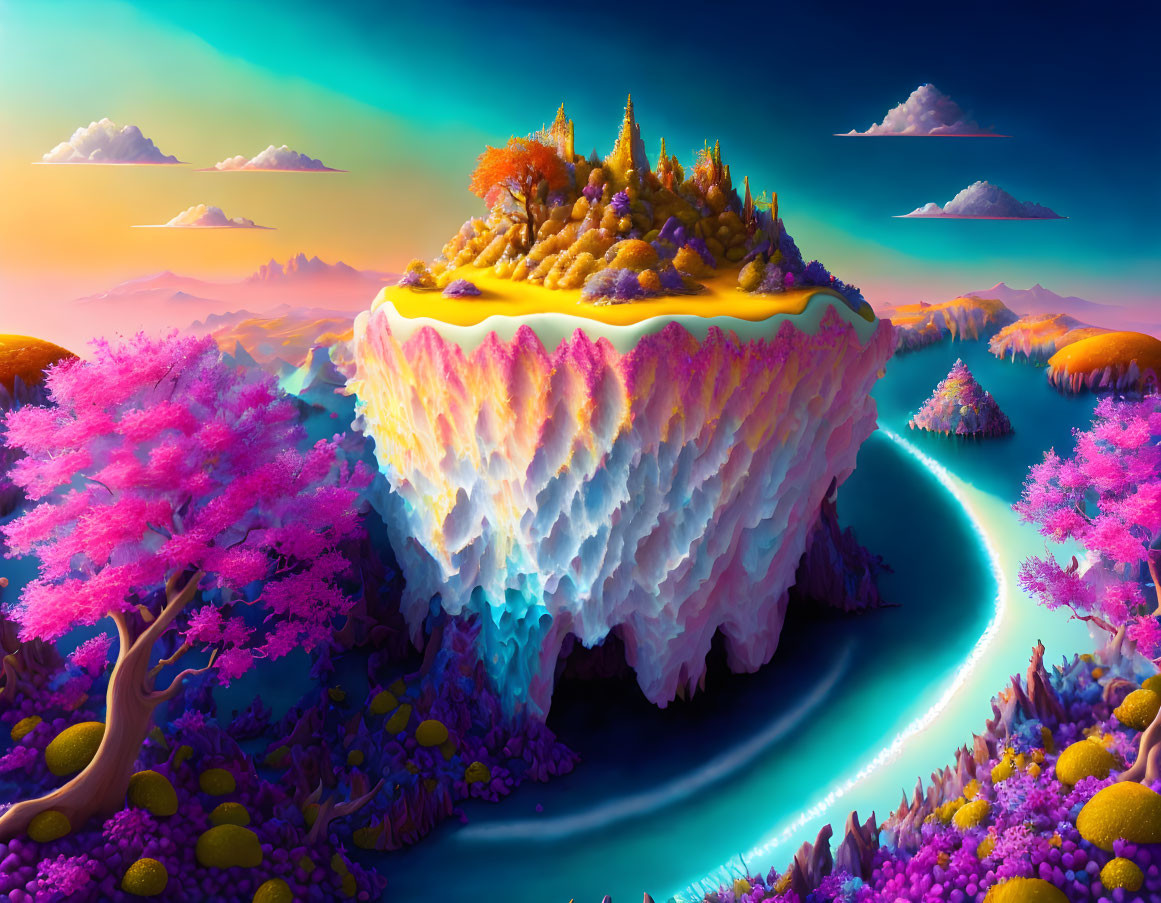 Colorful floating island with pink foliage and orange peak in surreal landscape