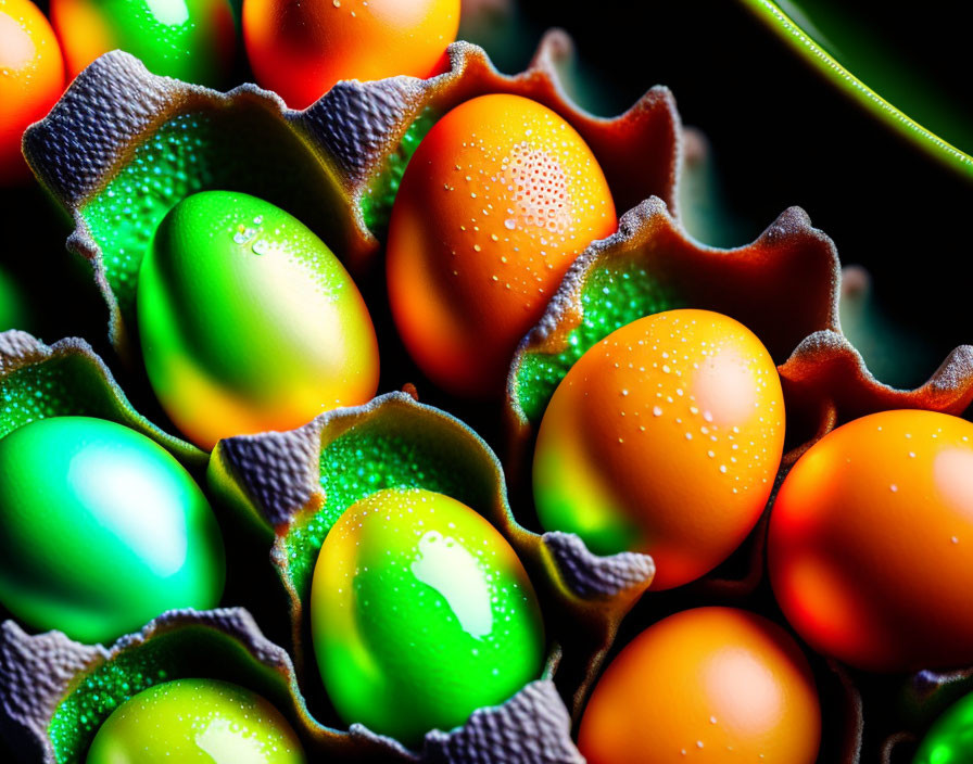 Colorful Dewy Eggs in Carton: Green, Yellow, Red