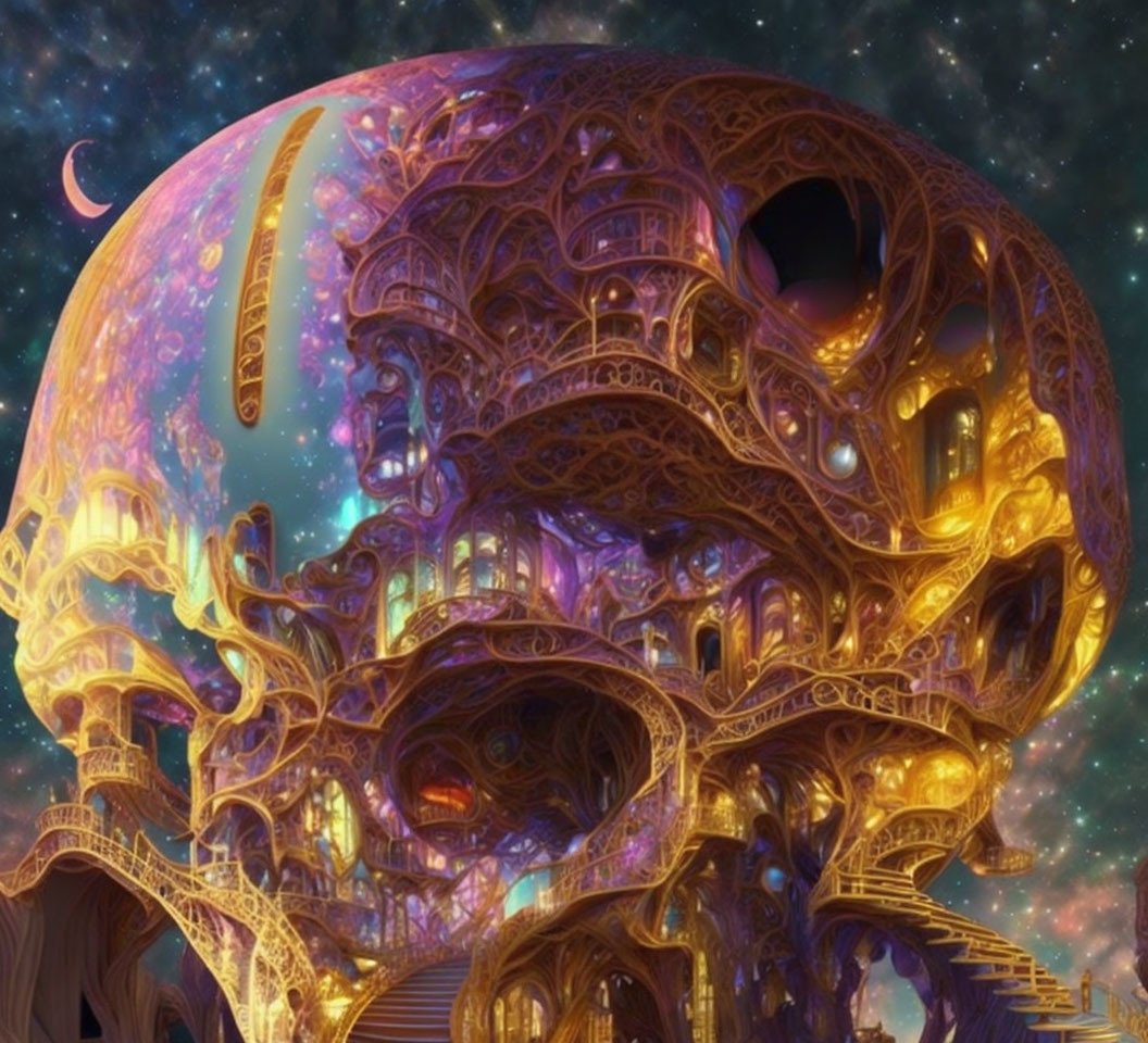 Fantasy golden skull architecture under starry sky with crescent moon