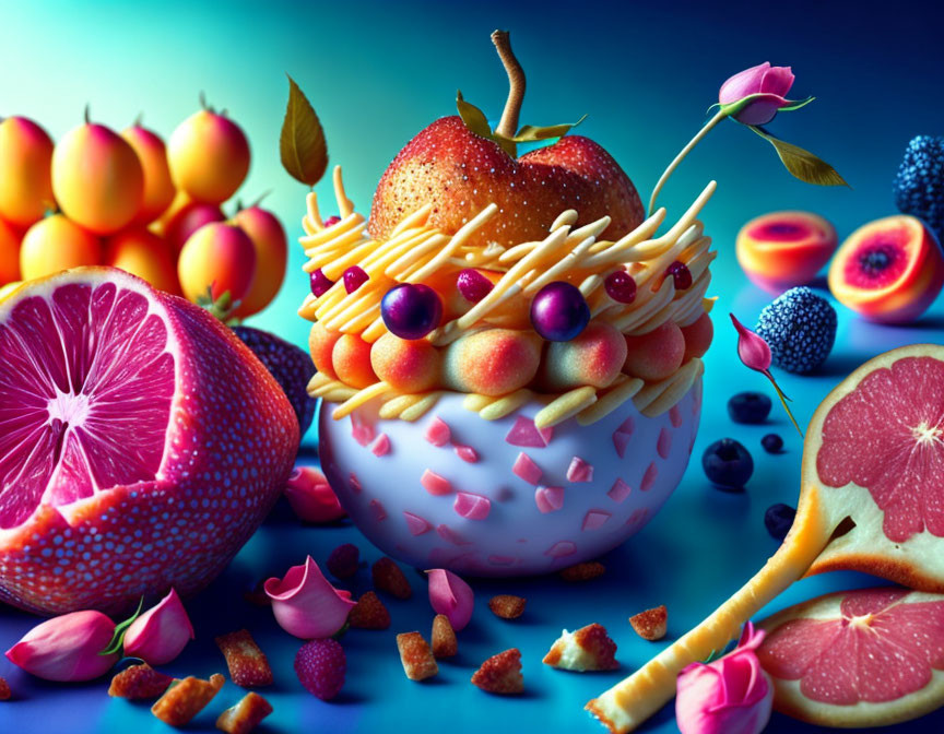 Colorful digital artwork: Fruit and spaghetti bowl on blue background