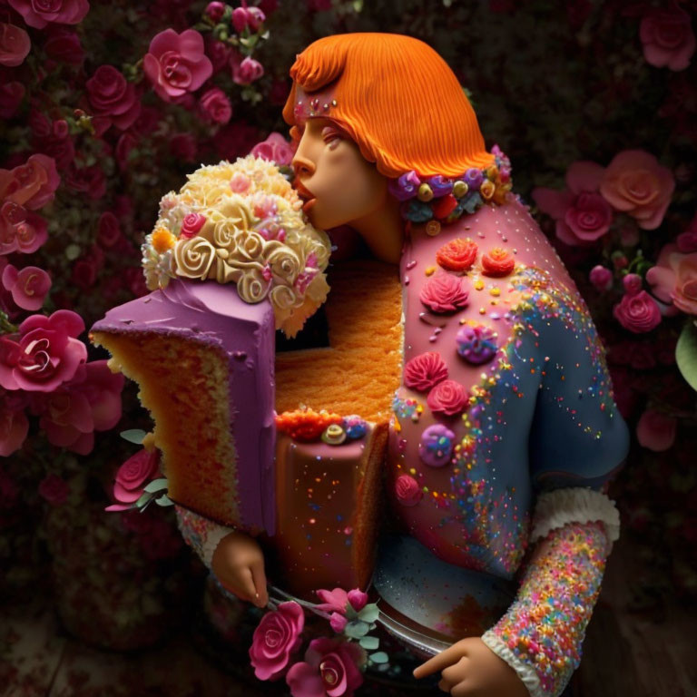 Vibrant illustration of person with cake, flowers, textured jacket, orange hat