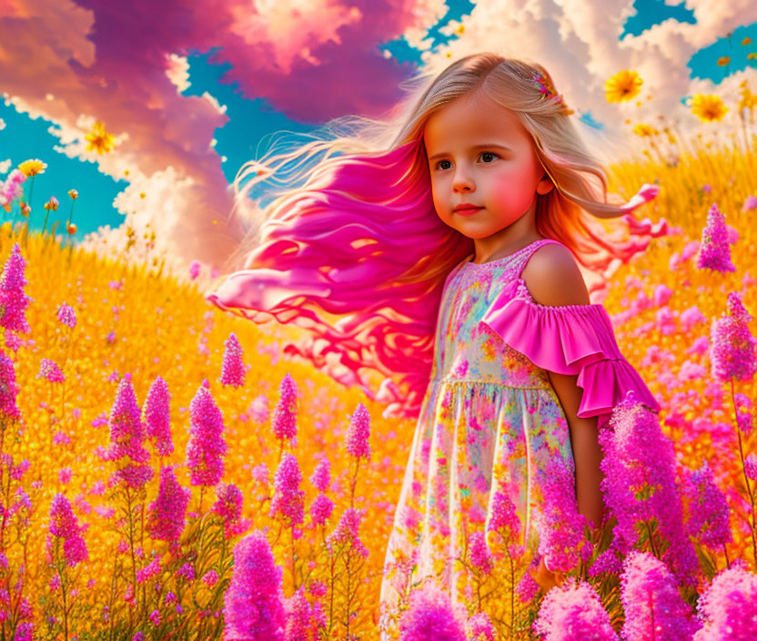 Young girl in pink flower field under colorful sky