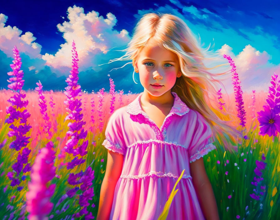 Blonde girl in purple flower field under blue sky