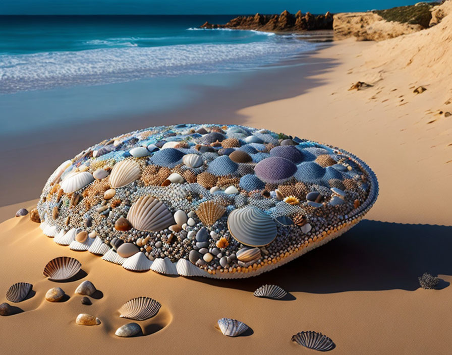 Colorful Seashell UFO Art Installation on Sandy Beach