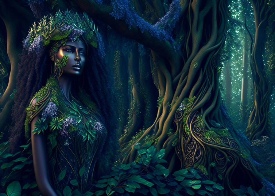 Enchanting forest scene with mystical female figure and ancient trees under blue glow