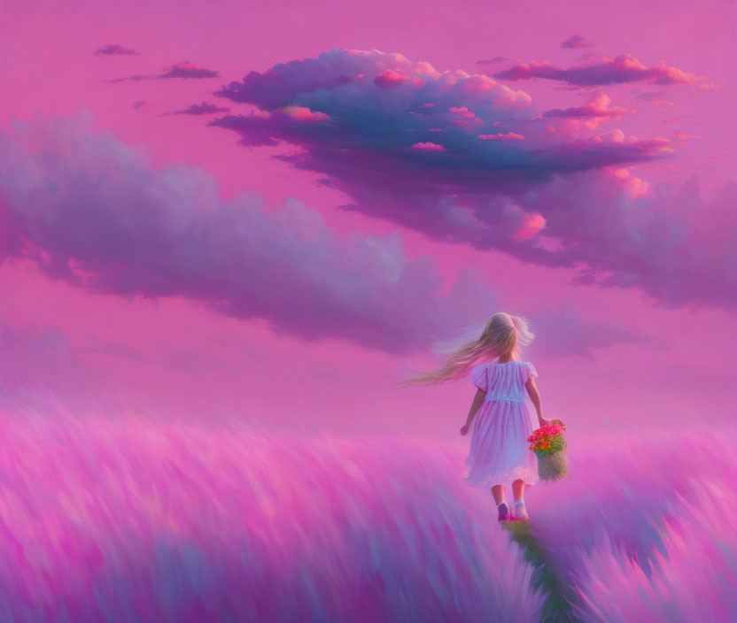 Blonde girl in white dress with bouquet walks in purple field at sunset