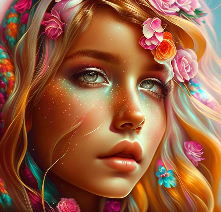 Colorful Hair and Flower Adorned Young Girl Portrait with Sparkling Freckles