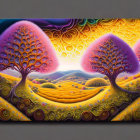 Colorful psychedelic painting of stylized trees and landscape under radiant sky