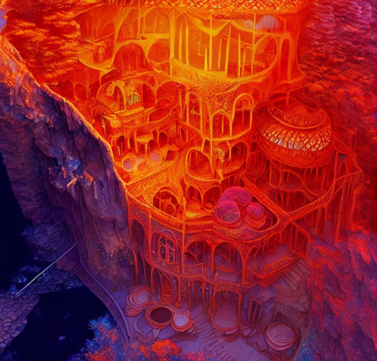 Vibrant digital artwork: Intricate fantasy cliff structure in warm hues