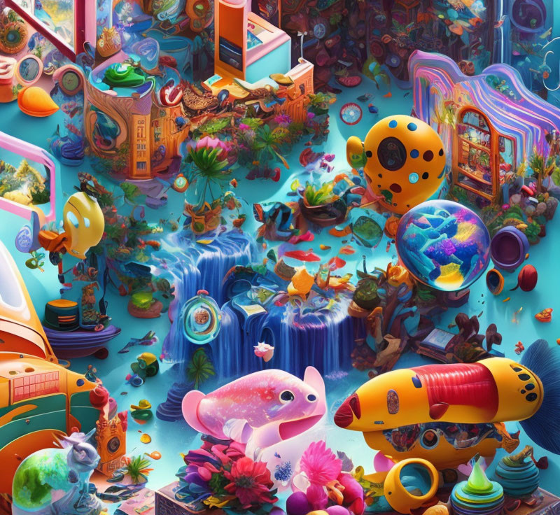 Colorful Undersea Scene with Submarines, Coral, and Aquatic Creatures