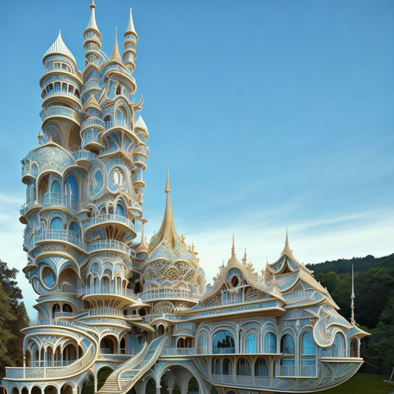 Intricate multi-tiered building with spires against trees and blue sky