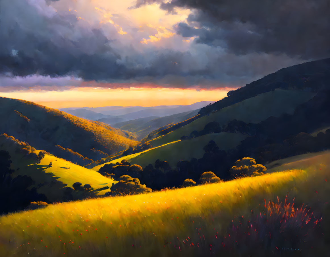 Golden sunlight over rolling hills with dark clouds and sunset glimpse