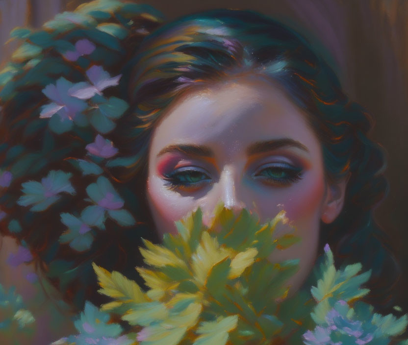 Portrait of a person with vibrant makeup and flowers.