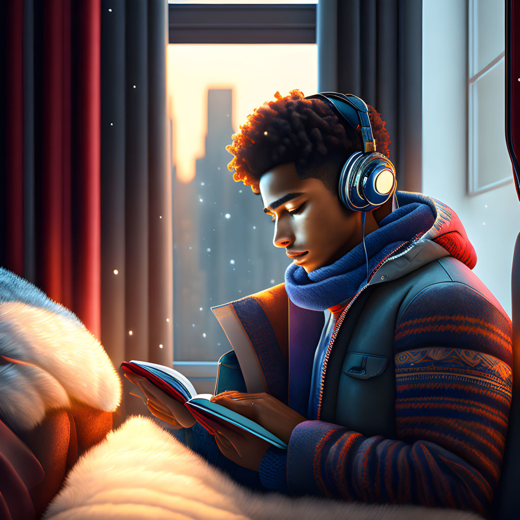 Young person reading book by window with headphones, cityscape view