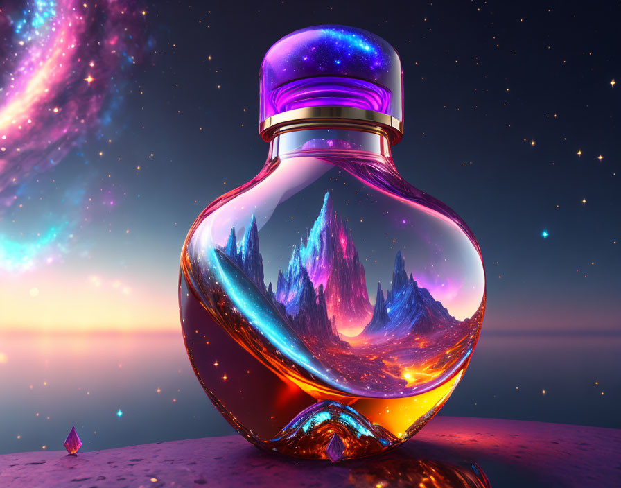 Ethereal cosmic landscape in glass bottle with starry sky & nebula.