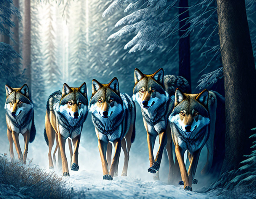 Five wolves in snowy forest with tall frosty trees & beams of light.