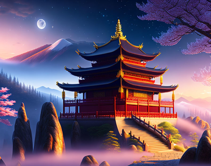 Traditional Asian Pagoda Twilight Scene with Misty Mountains & Cherry Blossoms