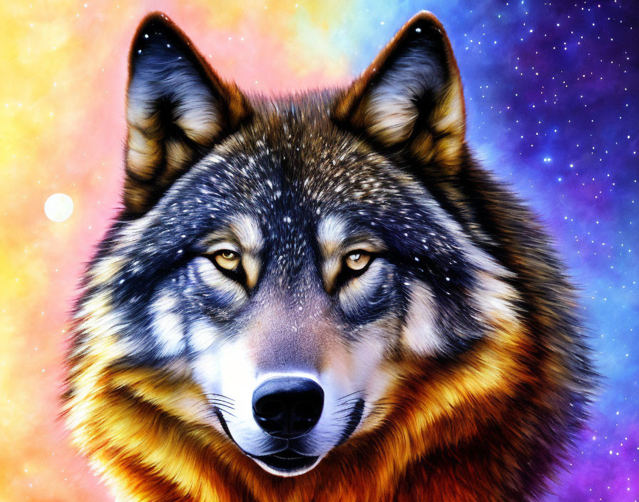 Detailed Wolf Face Illustration on Colorful Cosmic Background