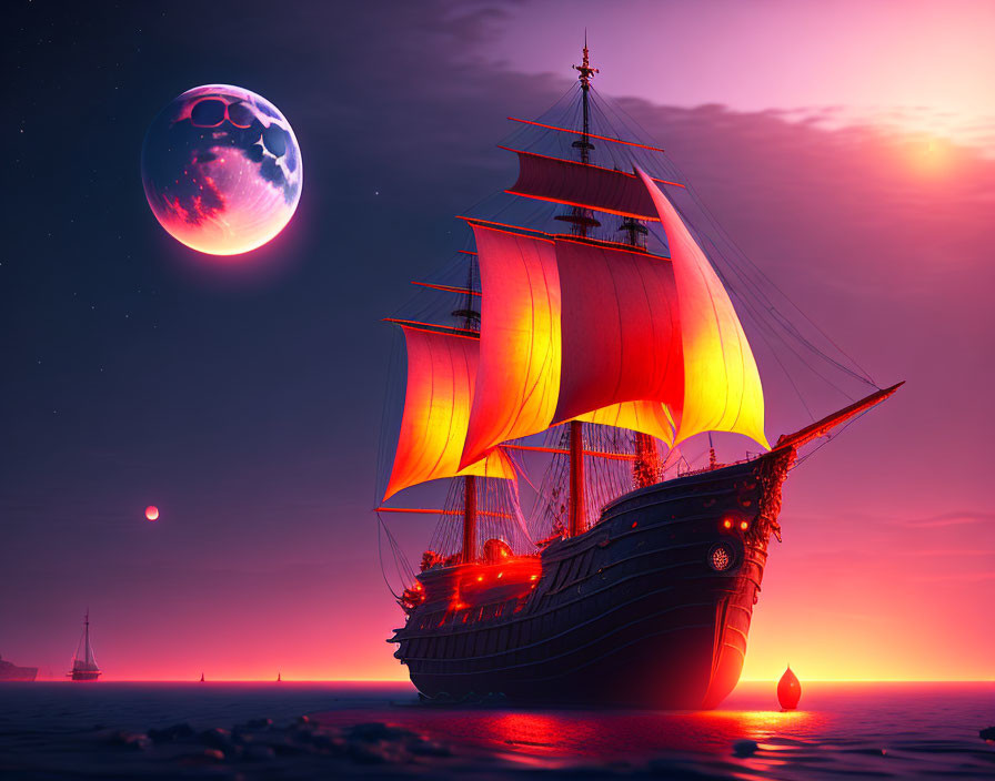 Sailing ship with red sails on tranquil seas at sunset under a large moon