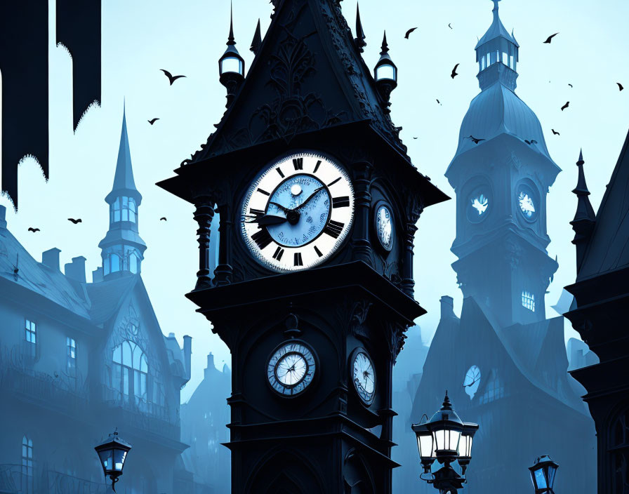 Gothic clock tower scene at twilight with silhouettes of buildings and birds