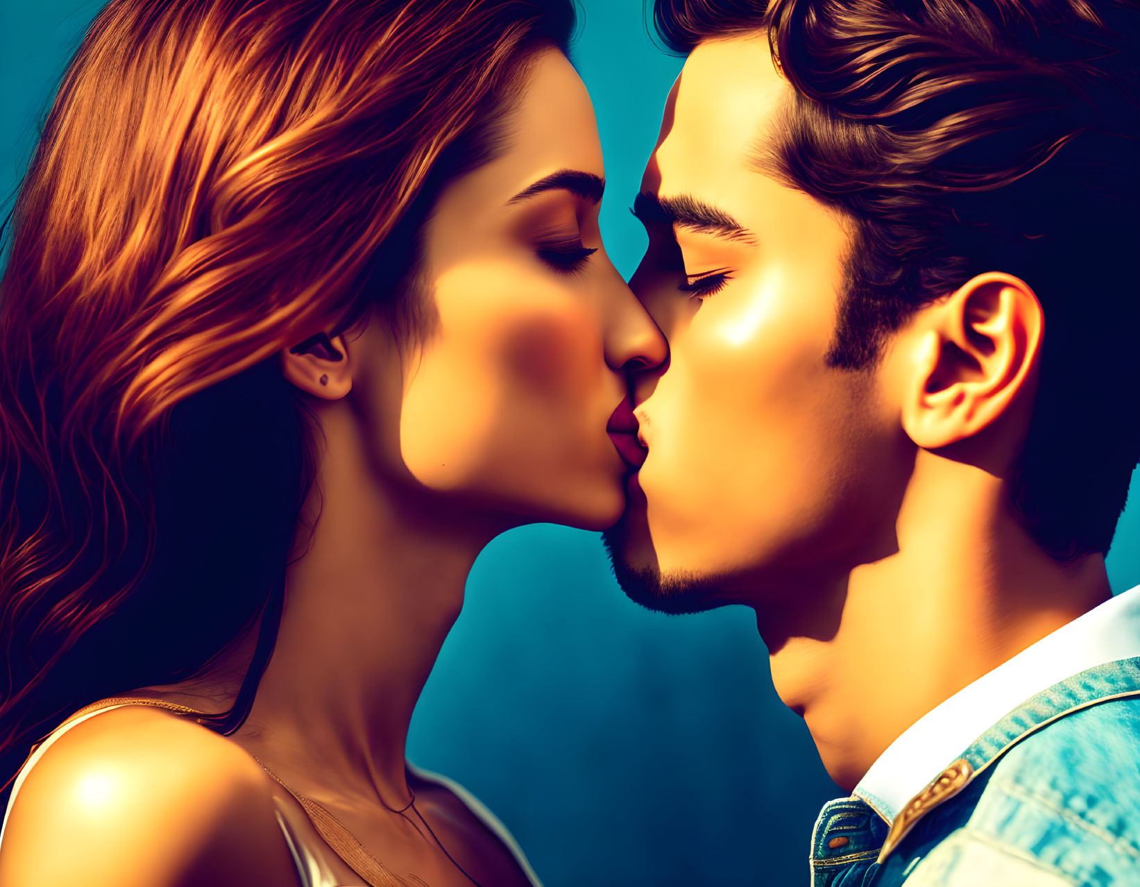 Vibrant digital artwork of a romantic couple in warm light