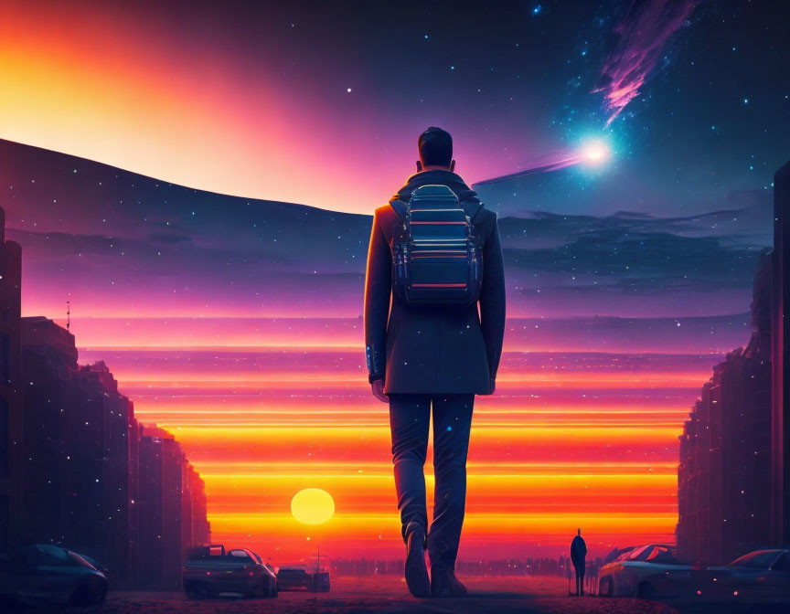 Man with Backpack Walking Towards Sunset Horizon in City Silhouettes and Starry Sky