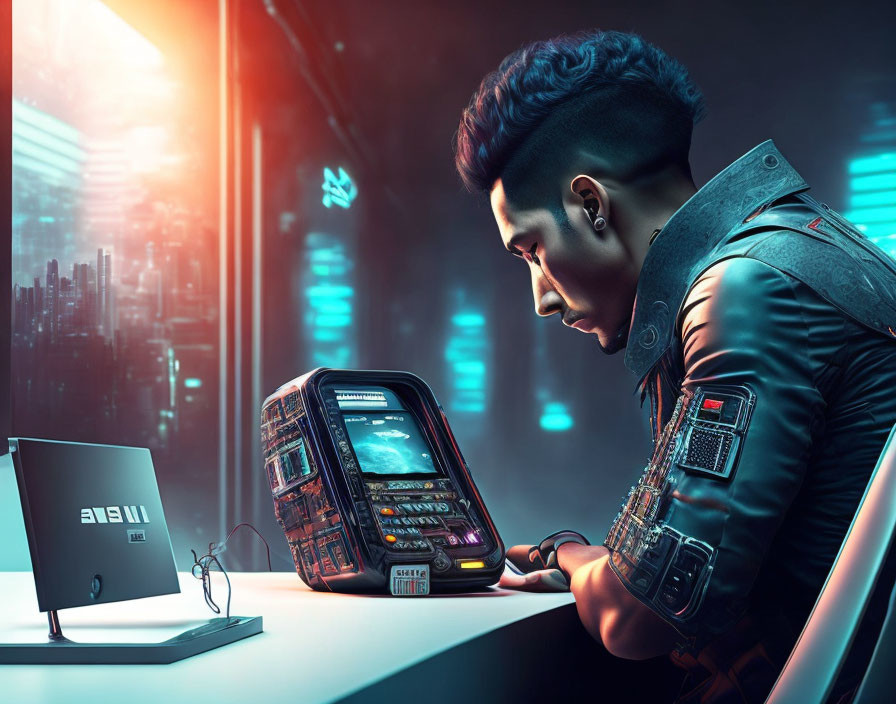 Futuristic cyberpunk scene with person in mohawk and tech jacket working at advanced terminal in